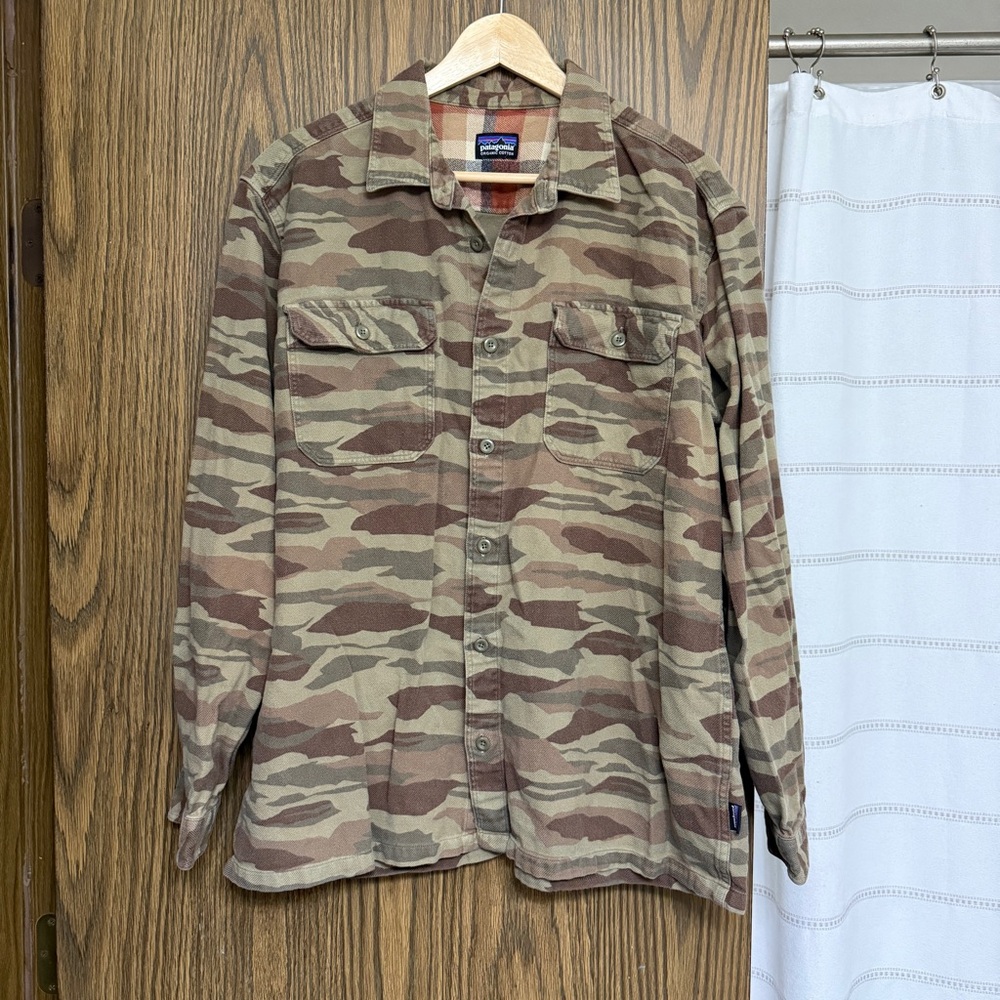 Patagonia Flannel Camo Shirt XL Fjord Brown Green Work Wear Utility Shirt - Picture 8 of 13